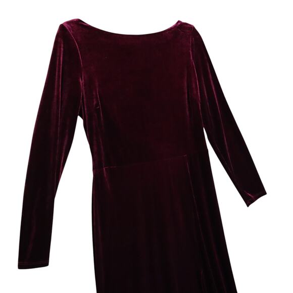 Rebecca B Womens Red Velvet Maxi Dress Size 12 Elegant Open Drape Back Leg Slit - Picture 6 of 13